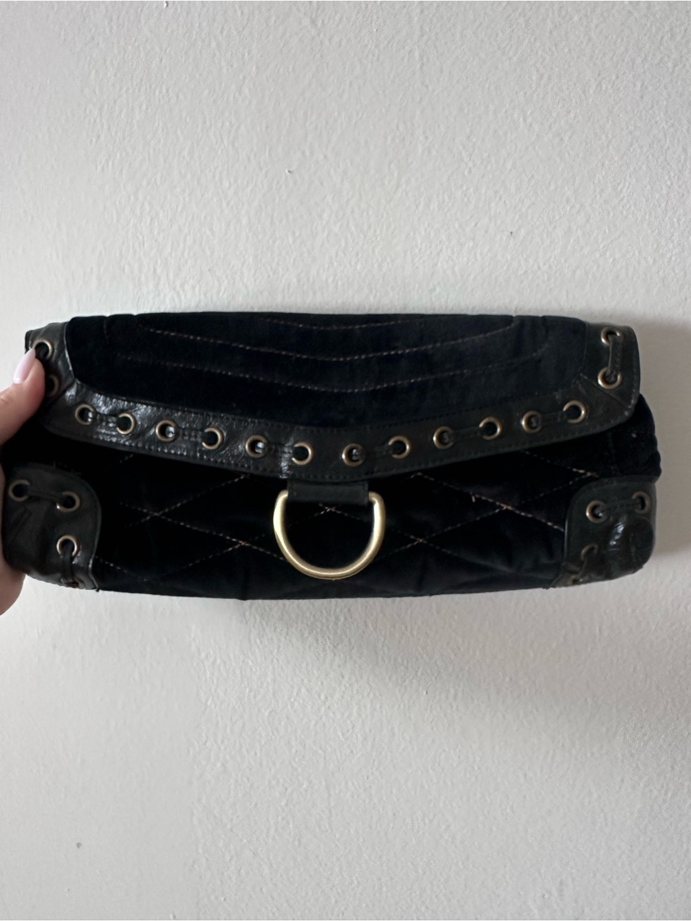 Black Velvet Quilted Clutch with Gold Ring Accent